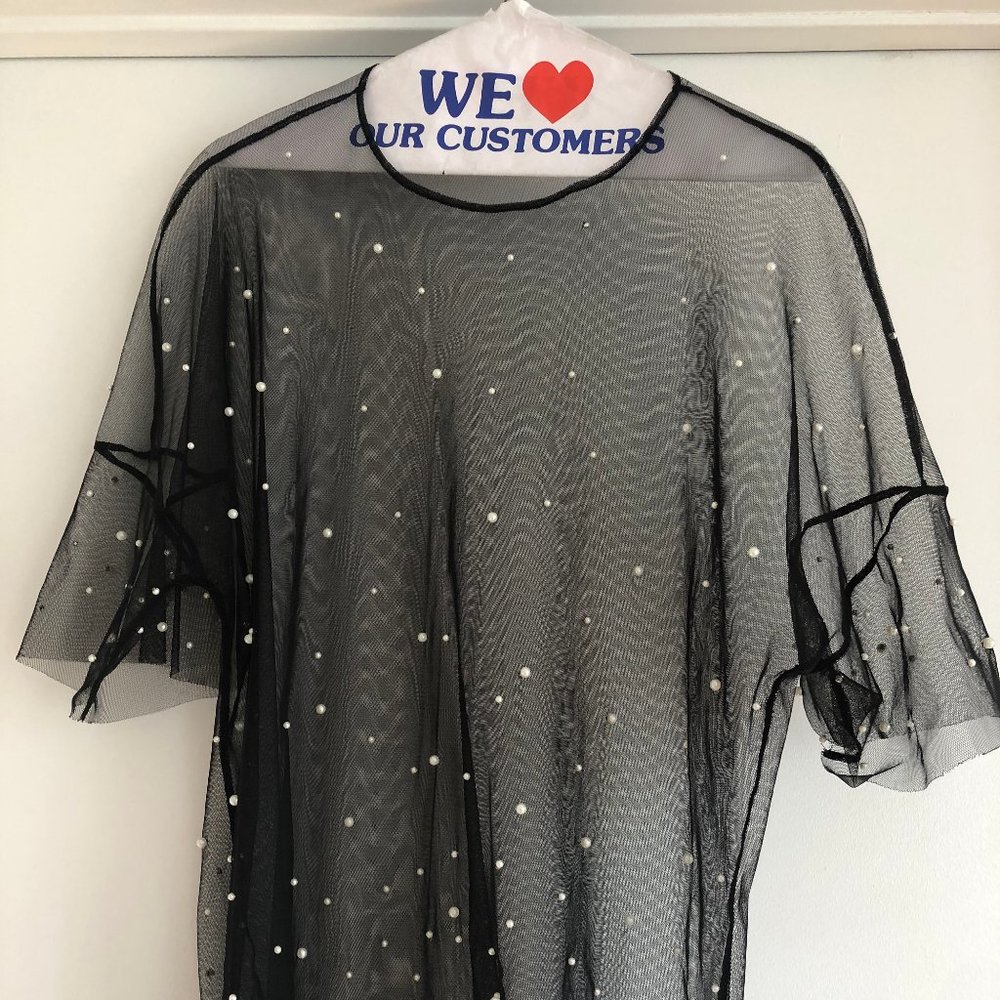 Sheer black mesh shirt with pearl detail - BERSHKA